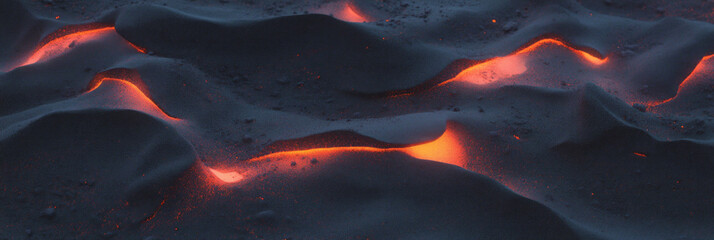 Poster - Rough black sand texture mixed with glowing lava fragments at dusk on volcanic terrain