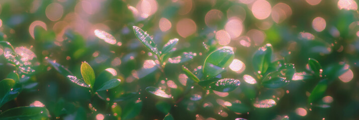 Fototapete - Sparkling bokeh texture creates a gentle glow over green foliage in soft lighting