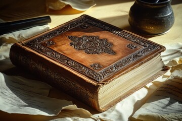 Poster - Detailed leather-bound book with intricate carvings and vintage aesthetic on a wooden table.