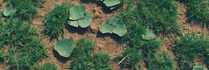 Poster - Texture study of short patchy grass with dry areas and uneven surface from a top view perspective