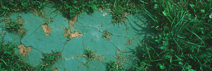 Poster - Short patchy grass with bare spots shows uneven surface and dry texture from a top view