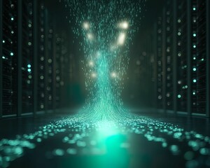 Fototapete - Dynamic data leak visualization data center digital technological environment close-up view artistic interpretation