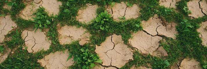 Poster - Texture of uneven grass with brown and green patches under bright light