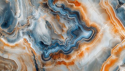 Poster - Stunning Blue and Orange Agate Stone Texture: Nature's Abstract Art Unveiled with Intricate Patterns