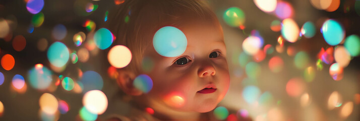 Poster - Bokeh lights create enchanting ambiance around a curious baby exploring a magical atmosphere