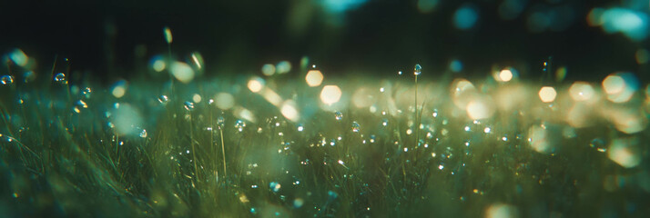 Fototapete - Dynamic bokeh texture of light sparkling on grass with dew droplets at dawn