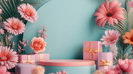 Poster - Empty round podium with gift boxes, flowers on a delicate background. Banner For demonstration and presentation of the product for Mother's Day, Women's Day, Birthday, Anniversary, March 8