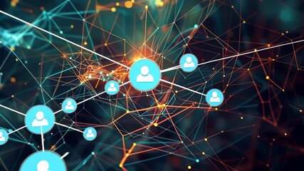 Fototapete - An abstract visualization showcases vibrant connections between data points in a dark digital environment, creating a dynamic network filled with glowing elements.