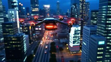 Poster - High-tech drone flying over a bustling city skyline during twilight in clear 4k footage