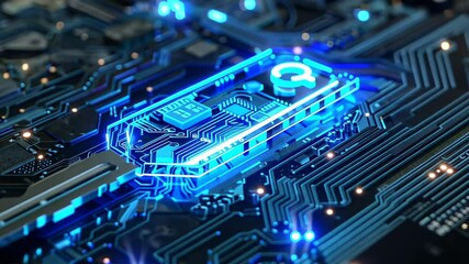 Poster - The close-up captures a vibrant blue microchip on a detailed circuit board, showcasing intricate patterns and glowing elements that suggest advanced technology.