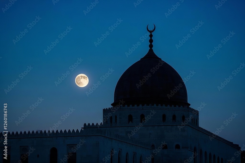 Mosques dome on dark blue twilight sky and crescent moon on background ...