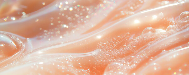 Poster - Elegant translucent beige gel texture with bubbles and reflections in a clean cosmetic setting