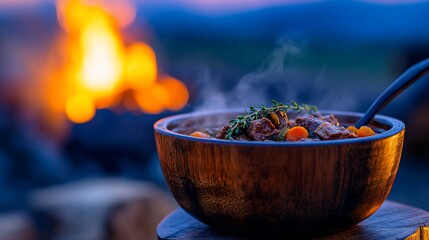 Canvas Print - Campfire stew, outdoors, evening, warmth. Food photography