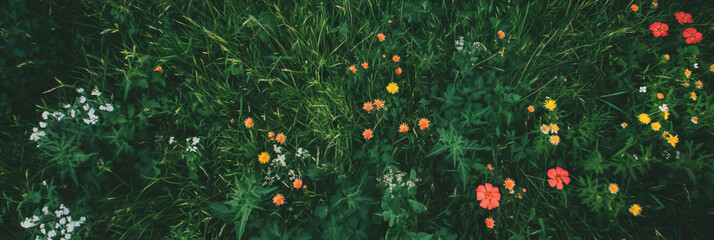 Poster - Varied meadow texture with colorful flowers and grass in multiple heights and shades