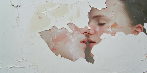 Poster - Texture of peeling white wall revealing subtle grey stains and hidden layers of depth