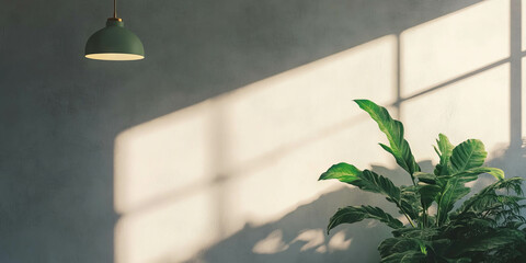 Poster - White wall with subtle grunge patterns and greenery illuminated by bright lighting