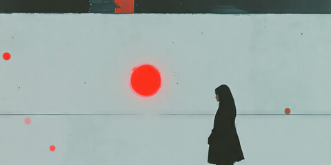 Poster - White wall texture with subtle grunge patterns and dramatic red silhouette of a figure