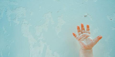 Poster - White textured concrete wall with grunge effects and visible hand reaching out
