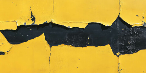 Poster - Texture of a yellow gold wall with chipped paint and dark grunge markings over time
