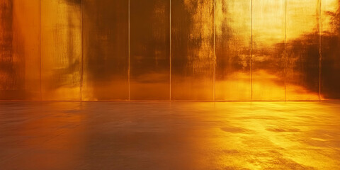 Poster - Oxidized gold wall with stained concrete texture creating a grungy aesthetic in warm light