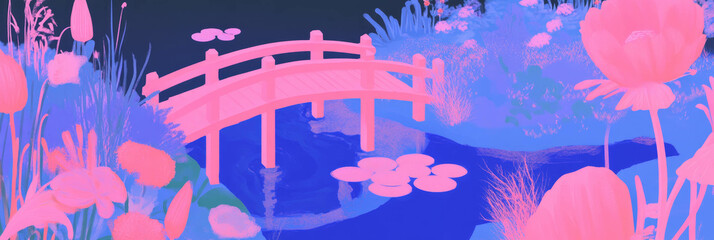 Aufkleber - Stylized bridges over tranquil streams adorned with bright flowers in enchanting landscape