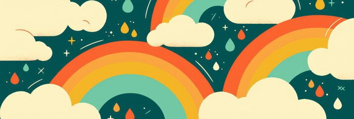 Poster - Colorful rainbows and tiny clouds with raindrops create a whimsical atmosphere