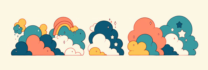 Poster - Colorful rainbows and tiny clouds with raindrops create a whimsical atmosphere