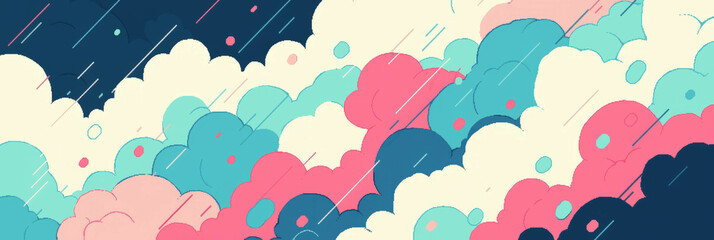 Poster - Colorful pixel art clouds with raindrops and rainbow reflections for creative backgrounds