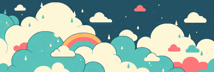 Poster - Colorful pixel art of tiny clouds with raindrops and rainbow reflections in a playful banner