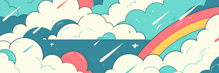 Poster - Stylized clouds with raindrops and vibrant rainbow reflections create a cheerful background