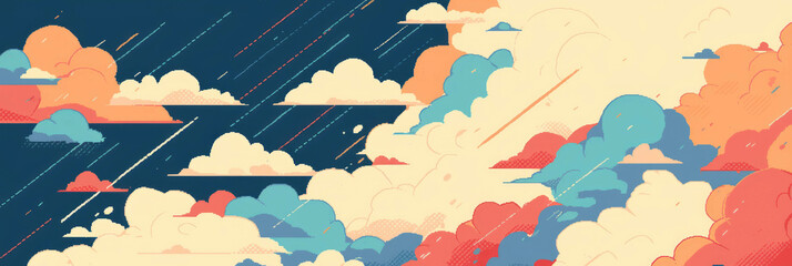 Poster - Stylized clouds with raindrops and rainbow reflections in pixel art style for banners