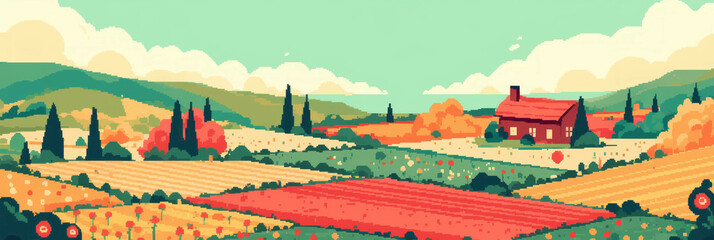 Poster - Colorful pixel art fields showcasing diverse crops in stylized landscapes for banner design