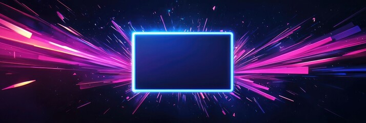 Wall Mural - Neon glowing square frame with pink and purple light streaks on dark background.