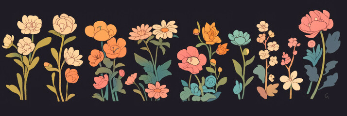 Aufkleber - Colorful tiny stylized flowers arranged in a delightful horizontal display of nature