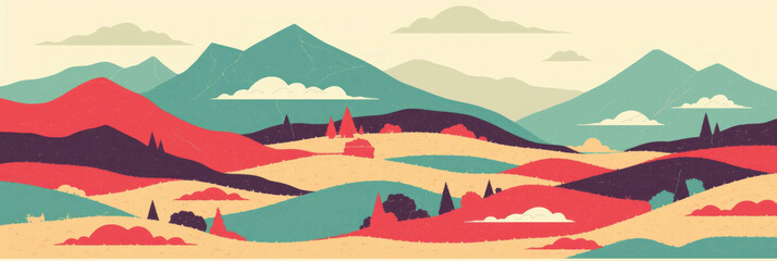 Poster - Stylized hills with unique textures create a vibrant and colorful landscape backdrop