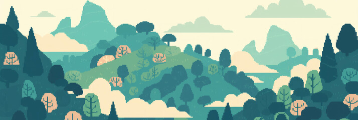 Poster - Stylized pixel art hills with textured patterns create a whimsical landscape background