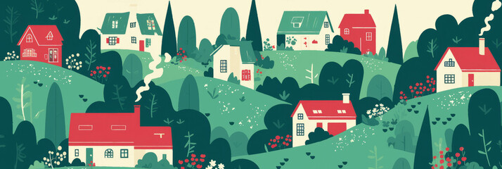 Aufkleber - Stylized tiny landscapes with colorful houses and vibrant flower gardens in a whimsical design