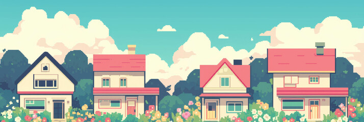 Poster - Stylized pixel art landscape with small houses and colorful flower gardens for banners