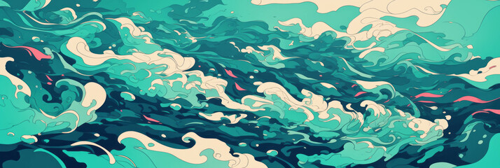 Poster - Stylized rivers winding through vibrant green valleys under a bright sky