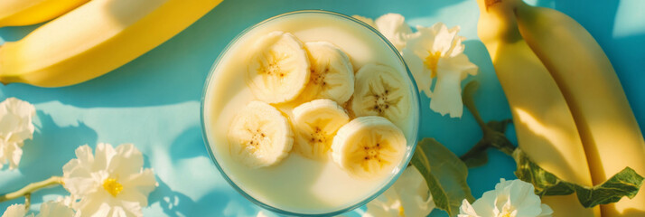 Poster - Delightful yellow milk blended with banana ripples and topped with fresh banana slices