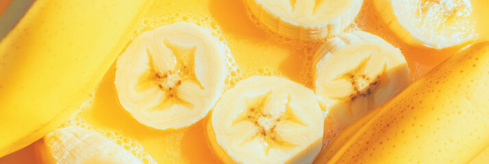 Poster - Delicious yellow milk with banana ripples and sliced bananas in a top view arrangement