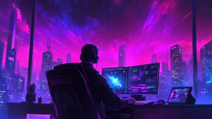 Aufkleber - Futuristic cityscape at night with a person working on multiple screens amidst vibrant color