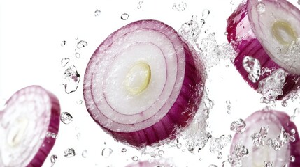 Wall Mural - Sliced Red Onion Splashes into Water Creating Bubbles and Captivating Refreshing Visual