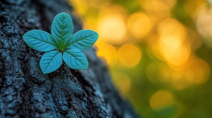 Wall Mural - Tiny sprout emerging from tree bark, nature's renewal, golden light background,  growth concept