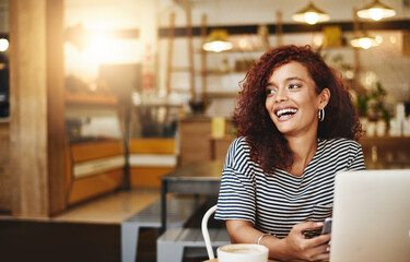 Aufkleber - Woman, laugh and phone with remote work at coffee shop, laptop and social network on break in morning. Person, freelance writer and happy with smartphone, meme or notification on mobile app at cafe
