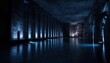 © supansa - Illuminated underground water chamber abandoned quarry dark environment wide angle view mysterious atmosphere