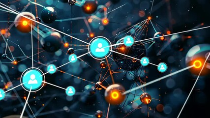 Poster - A vivid display of interconnected particles floating in a dark space, illuminated by glowing orange and blue hues, showcasing the complexity of cosmic interactions.