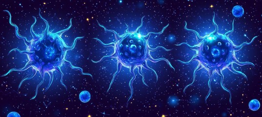 Poster - Blue Network of Futuristic Glowing Nodules, 3D Illustration on Dark Colorful Background