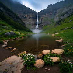 Poster -  waterfall in a misty mountain valley