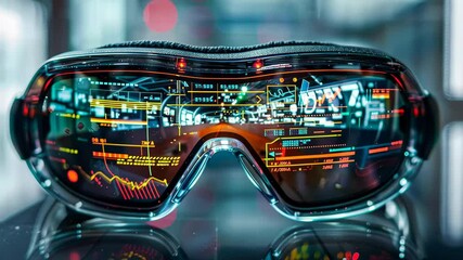 Poster - A pair of advanced augmented reality goggles showcases colorful data streams in a modern workspace, emphasizing innovation during a technology-focused event.